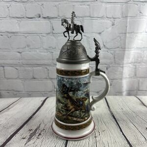 VTG House of Goebel Beer Stein Military Scene Horse Eagle Pewter Lid &Lithophane